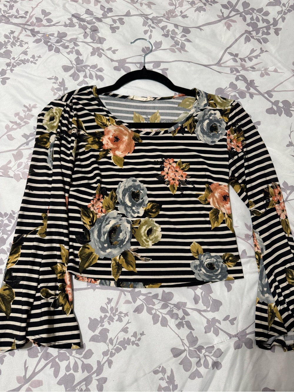 Floral Stripe Long-Sleeve Crop Top